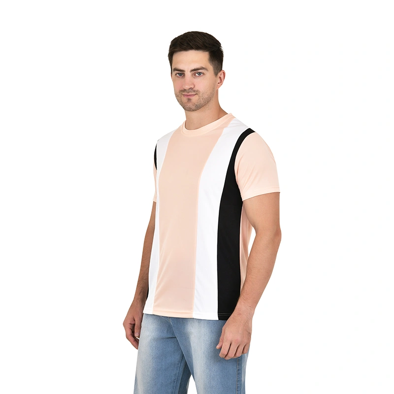 Male model in peach white and black colorblock panel t-shirt with light blue jeans - menswear ecommerce photography by Lohar Studio Delhi
